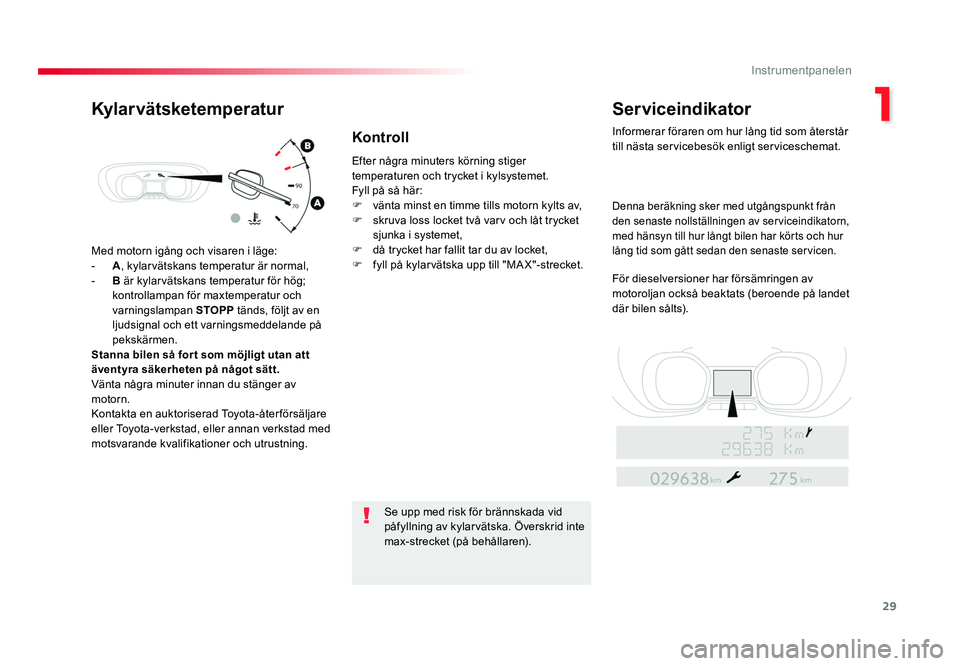 TOYOTA PROACE VERSO 2016 Bruksanvisningar (in Swedish) 29
1
Instrumentpanelen
Spacetourer-VP_sv_Chap01_instruments-de-bord_ed01-2016
Med motorn igång och visaren i läge:
- A, kylarvätskans temperatur är normal,
- B är kylarvätskans temperatur för TOYOTA PROACE VERSO 2016 Bruksanvisningar (in Swedish) 29
1
Instrumentpanelen
Spacetourer-VP_sv_Chap01_instruments-de-bord_ed01-2016
Med motorn igång och visaren i läge:
- A, kylarvätskans temperatur är normal,
- B är kylarvätskans temperatur för