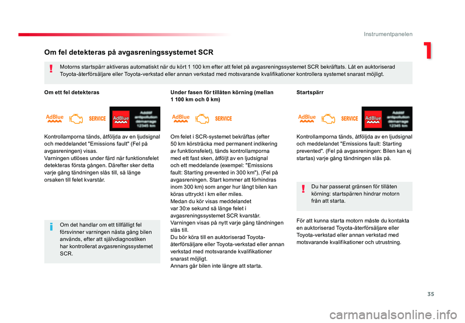 TOYOTA PROACE VERSO 2016 Bruksanvisningar (in Swedish) 35
1
Instrumentpanelen
Spacetourer-VP_sv_Chap01_instruments-de-bord_ed01-2016
Startspärr
Kontrollamporna tänds, åtföljda av en ljudsignal
och meddelandet "Emissions fault: Starting
prevented TOYOTA PROACE VERSO 2016 Bruksanvisningar (in Swedish) 35
1
Instrumentpanelen
Spacetourer-VP_sv_Chap01_instruments-de-bord_ed01-2016
Startspärr
Kontrollamporna tänds, åtföljda av en ljudsignal
och meddelandet "Emissions fault: Starting
prevented