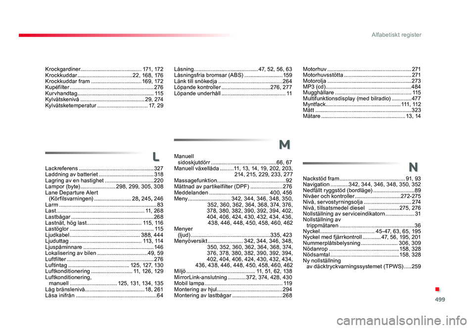 TOYOTA PROACE VERSO 2016 Bruksanvisningar (in Swedish) 499
.
Alfabetiskt register
Spacetourer-VP_sv_Chap11_index-alpha_ed01-2016
Krockgardiner........................................ 171, 172
Krockkuddar ....................................22, 168, 176
K TOYOTA PROACE VERSO 2016 Bruksanvisningar (in Swedish) 499
.
Alfabetiskt register
Spacetourer-VP_sv_Chap11_index-alpha_ed01-2016
Krockgardiner........................................ 171, 172
Krockkuddar ....................................22, 168, 176
K