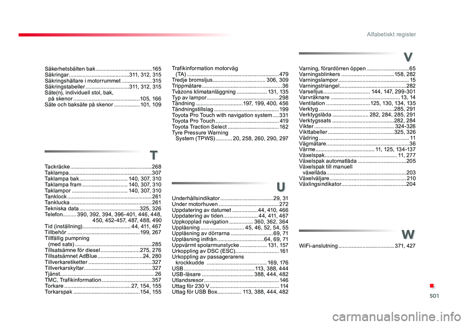 TOYOTA PROACE VERSO 2016  Bruksanvisningar (in Swedish) 501
.
Alfabetiskt register
Spacetourer-VP_sv_Chap11_index-alpha_ed01-2016
Trafikinformation motorväg  
( TA)  ............................................................. 479
Tredje bromsljus  .....