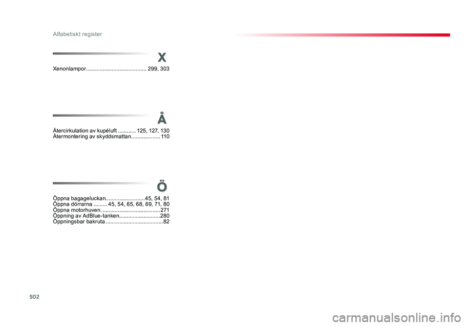 TOYOTA PROACE VERSO 2016  Bruksanvisningar (in Swedish) 502
Alfabetiskt register
Spacetourer-VP_sv_Chap11_index-alpha_ed01-2016
X
Xenonlampor ........................................ 299, 303
Å
Återcirkulation av kupéluft  ............125, 127, 13 0
Åt