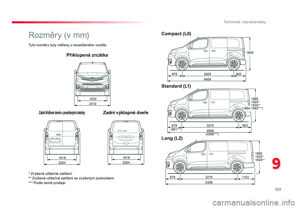TOYOTA PROACE VERSO 2016  Návod na použití (in Czech) 323
9
Technické charakteristiky
Spacetourer-VP_cs_Chap09_caracteristiques-techniques_ed01-2016
Přiklopená zrcátka
Zadní křídlové dveře s prosklenými okénkyZadní výklopné dveřeCompact (L
