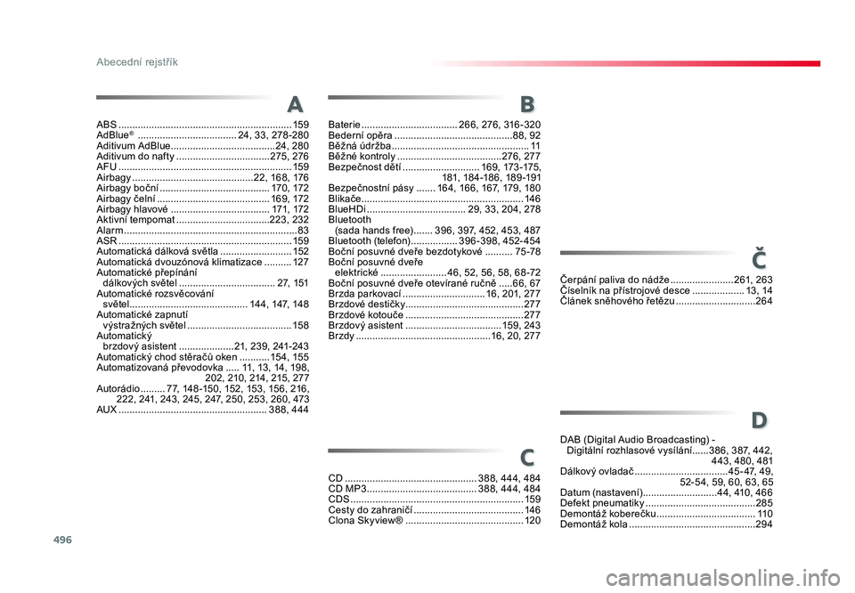 TOYOTA PROACE VERSO 2016  Návod na použití (in Czech) 496
Abecední rejstřík
Spacetourer-VP_cs_Chap11_index-alpha_ed01-2016
ABS ............................................................... 159
AdBlue®  .................................... 24, 33, 2