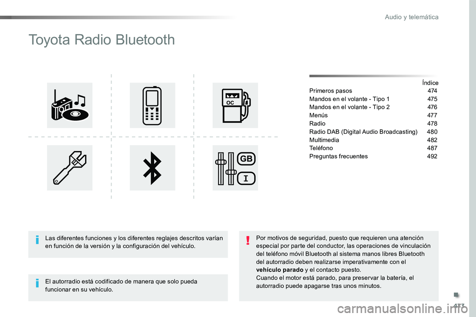 TOYOTA PROACE VERSO 2016 Manual del propietario (in Spanish) 473
ProaceVerso_es_Chap10d_RD6_ed01-2016
Toyota Radio Bluetooth
ÍndicePrimeros pasos 474
Mandos en el volante - Tipo 1 475
Mandos en el volante - Tipo 2 476
Menús 477
Radio 478
Radio DAB (Digital TOYOTA PROACE VERSO 2016 Manual del propietario (in Spanish) 473
ProaceVerso_es_Chap10d_RD6_ed01-2016
Toyota Radio Bluetooth
ÍndicePrimeros pasos 474
Mandos en el volante - Tipo 1 475
Mandos en el volante - Tipo 2 476
Menús 477
Radio 478
Radio DAB (Digital