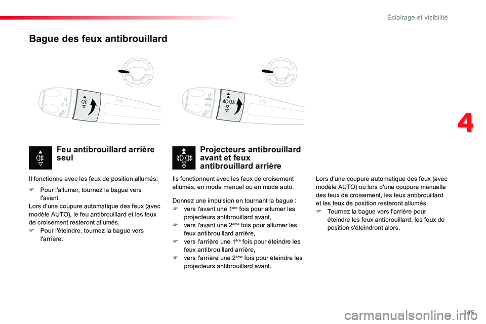TOYOTA PROACE VERSO 2016 Manuel du propriétaire (in French) 145
Bague des feux antibrouillard
Projecteurs antibrouillard avant et feux antibrouillard arrière
Feu antibrouillard arrière seul
F Pour l'allumer, tournez la bague vers l'avant.Lors d'u TOYOTA PROACE VERSO 2016 Manuel du propriétaire (in French) 145
Bague des feux antibrouillard
Projecteurs antibrouillard avant et feux antibrouillard arrière
Feu antibrouillard arrière seul
F Pour l'allumer, tournez la bague vers l'avant.Lors d'u