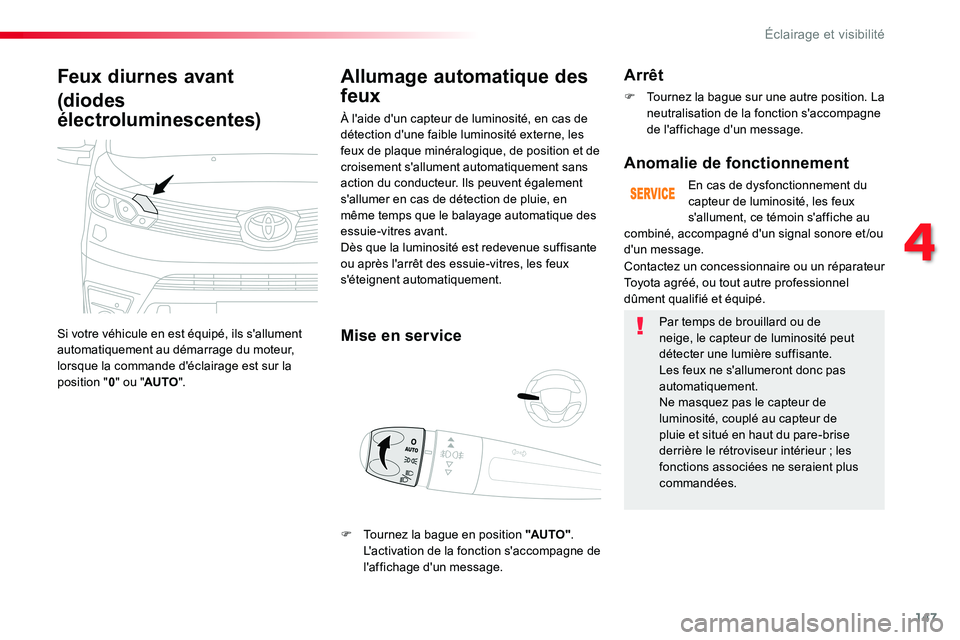 TOYOTA PROACE VERSO 2016 Manuel du propriétaire (in French) 147
Feux diurnes avant
(diodes
électroluminescentes)
Si votre véhicule en est équipé, ils s'allument automatiquement au démarrage du moteur, lorsque la commande d'éclairage est sur la p TOYOTA PROACE VERSO 2016 Manuel du propriétaire (in French) 147
Feux diurnes avant
(diodes
électroluminescentes)
Si votre véhicule en est équipé, ils s'allument automatiquement au démarrage du moteur, lorsque la commande d'éclairage est sur la p