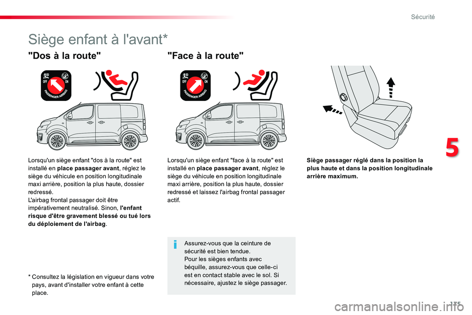 TOYOTA PROACE VERSO 2016  Manuel du propriétaire (in French) 175
Siège passager réglé dans la position la plus haute et dans la position longitudinale arrière maximum.
"Dos à la route"
Siège enfant à l'avant*
"Face à la route"
Assure