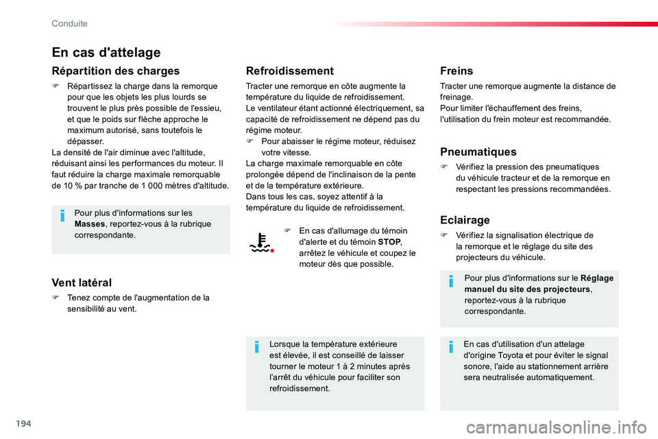 TOYOTA PROACE VERSO 2016 Manuel du propriétaire (in French) 194
En cas d'attelage
Répartition des charges
F Répartissez la charge dans la remorque pour que les objets les plus lourds se trouvent le plus près possible de l'essieu, et que le poids sur TOYOTA PROACE VERSO 2016 Manuel du propriétaire (in French) 194
En cas d'attelage
Répartition des charges
F Répartissez la charge dans la remorque pour que les objets les plus lourds se trouvent le plus près possible de l'essieu, et que le poids sur