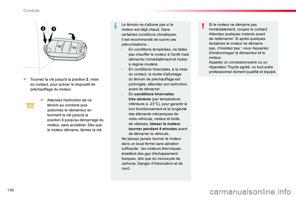 TOYOTA PROACE VERSO 2016 Manuel du propriétaire (in French) 196
F Tournez la clé jusqu'à la position 2, mise du contact, pour activer le dispositif de préchauffage du moteur.
F Attendez l'extinction de ce témoin au combiné puis actionnez le démar TOYOTA PROACE VERSO 2016 Manuel du propriétaire (in French) 196
F Tournez la clé jusqu'à la position 2, mise du contact, pour activer le dispositif de préchauffage du moteur.
F Attendez l'extinction de ce témoin au combiné puis actionnez le démar