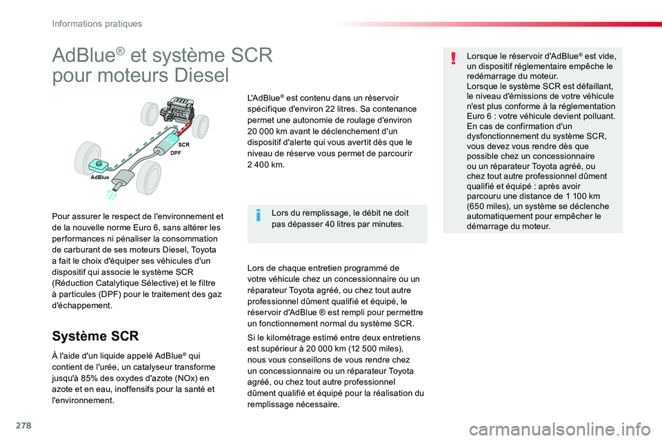 TOYOTA PROACE VERSO 2016 Manuel du propriétaire (in French) 278
AdBlue® et système SCR
pour moteurs Diesel
Pour assurer le respect de l'environnement et de la nouvelle norme Euro 6, sans altérer les performances ni pénaliser la consommation de carburan TOYOTA PROACE VERSO 2016 Manuel du propriétaire (in French) 278
AdBlue® et système SCR
pour moteurs Diesel
Pour assurer le respect de l'environnement et de la nouvelle norme Euro 6, sans altérer les performances ni pénaliser la consommation de carburan