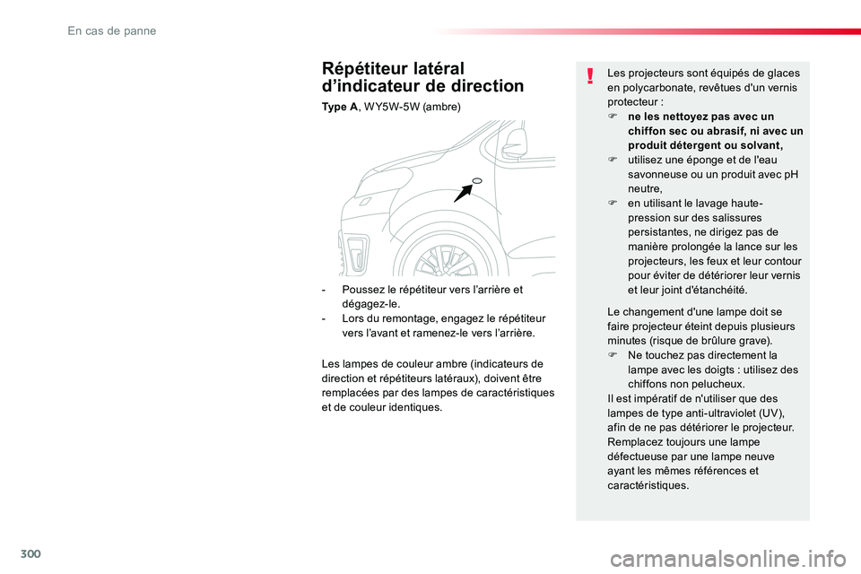 TOYOTA PROACE VERSO 2016 Manuel du propriétaire (in French) 300
Répétiteur latéral
d’indicateur de direction
Ty p e A, W Y5W-5W (ambre)
Les projecteurs sont équipés de glaces en polycarbonate, revêtues d'un vernis protecteur :F ne les nettoyez pa TOYOTA PROACE VERSO 2016 Manuel du propriétaire (in French) 300
Répétiteur latéral
d’indicateur de direction
Ty p e A, W Y5W-5W (ambre)
Les projecteurs sont équipés de glaces en polycarbonate, revêtues d'un vernis protecteur :F ne les nettoyez pa