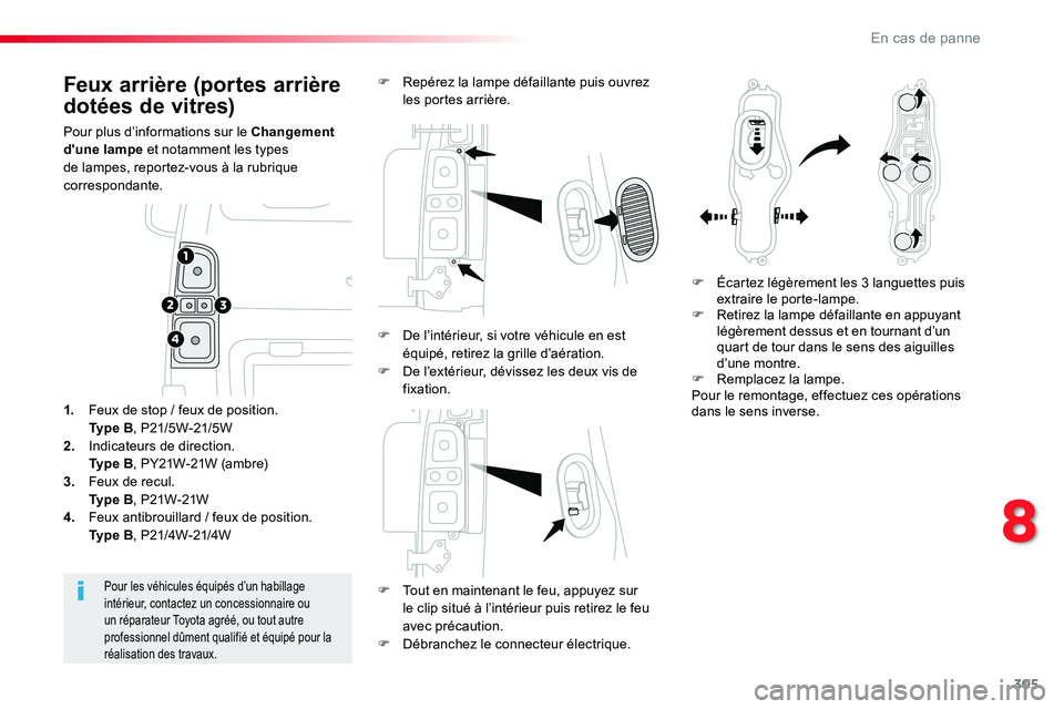 TOYOTA PROACE VERSO 2016 Manuel du propriétaire (in French) 305
Feux arrière (portes arrière
dotées de vitres)
Pour plus d’informations sur le Changement d'une lampe et notamment les types de lampes, reportez-vous à la rubrique correspondante.
F Tou TOYOTA PROACE VERSO 2016 Manuel du propriétaire (in French) 305
Feux arrière (portes arrière
dotées de vitres)
Pour plus d’informations sur le Changement d'une lampe et notamment les types de lampes, reportez-vous à la rubrique correspondante.
F Tou
