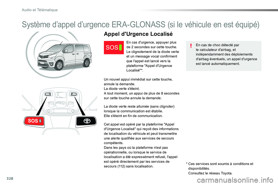 TOYOTA PROACE VERSO 2016 Manuel du propriétaire (in French) 328
Système d’appel d’urgence ERA-GLONASS (si le véhicule en est équipé)
En cas de choc détecté par le calculateur d'airbag, et indépendamment des déploiements d'airbag éventuels, TOYOTA PROACE VERSO 2016 Manuel du propriétaire (in French) 328
Système d’appel d’urgence ERA-GLONASS (si le véhicule en est équipé)
En cas de choc détecté par le calculateur d'airbag, et indépendamment des déploiements d'airbag éventuels,