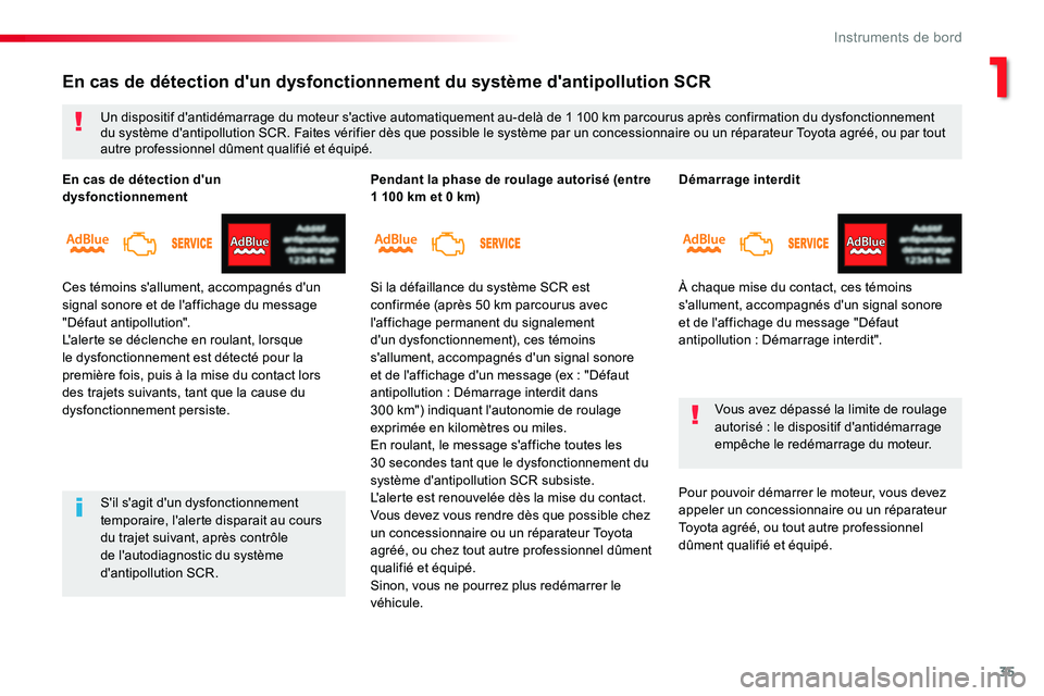 TOYOTA PROACE VERSO 2016  Manuel du propriétaire (in French) 35
Démarrage interdit
À chaque mise du contact, ces témoins s'allument, accompagnés d'un signal sonore et de l'affichage du message "Défaut antipollution : Démarrage interdit"