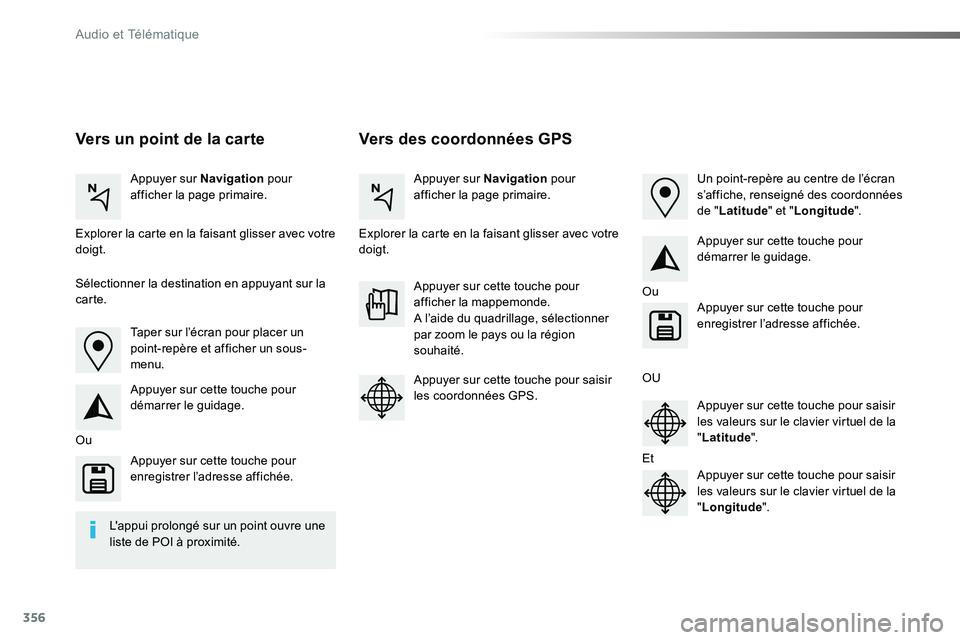 TOYOTA PROACE VERSO 2016 Manuel du propriétaire (in French) 356
Vers des coordonnées GPSVers un point de la carte
Appuyer sur Navigation pour afficher la page primaire.Appuyer sur Navigation pour afficher la page primaire.
Explorer la carte en la faisant glis TOYOTA PROACE VERSO 2016 Manuel du propriétaire (in French) 356
Vers des coordonnées GPSVers un point de la carte
Appuyer sur Navigation pour afficher la page primaire.Appuyer sur Navigation pour afficher la page primaire.
Explorer la carte en la faisant glis