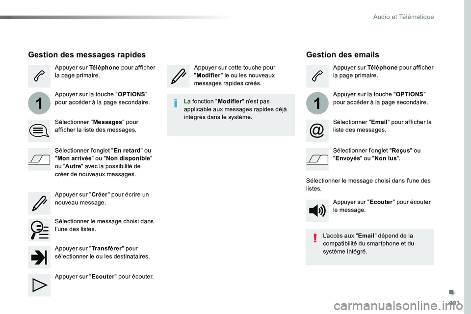 TOYOTA PROACE VERSO 2016  Manuel du propriétaire (in French) 401
11
Gestion des emails
Appuyer sur cette touche pour "Modifier" le ou les nouveaux messages rapides créés.
Appuyer sur Téléphone pour afficher la page primaire.
Appuyer sur la touche &#