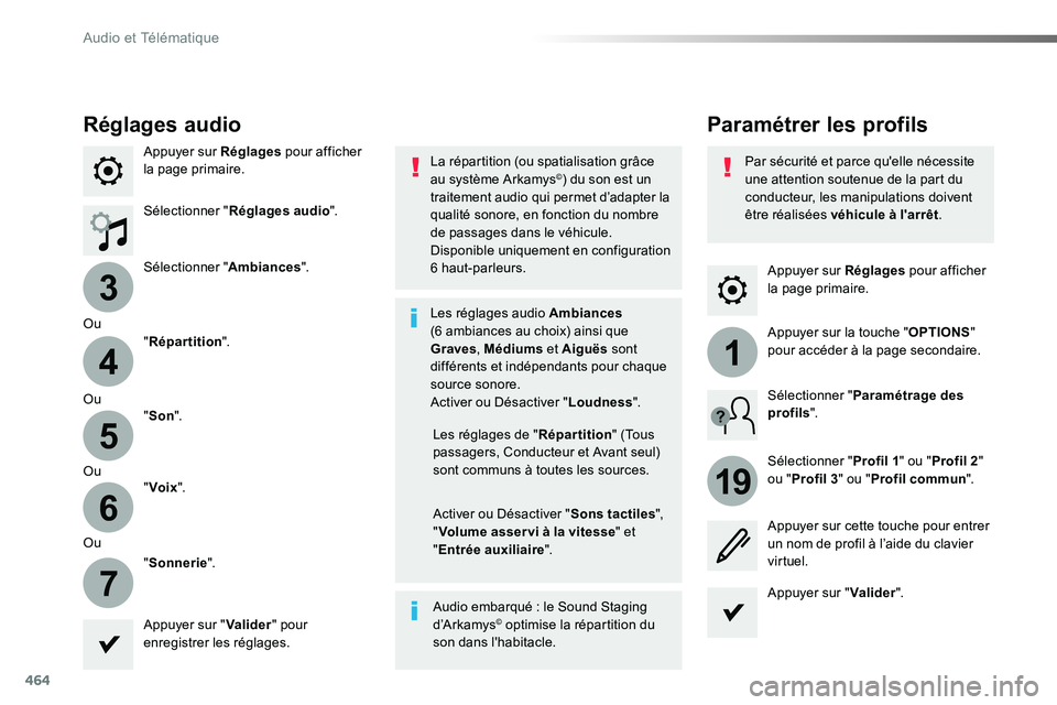 TOYOTA PROACE VERSO 2016  Manuel du propriétaire (in French) 464
3
4
5
6
7
1
19
Appuyer sur Réglages pour afficher la page primaire.
Paramétrer les profilsRéglages audio
Appuyer sur Réglages pour afficher la page primaire.
Sélectionner "Réglages audio