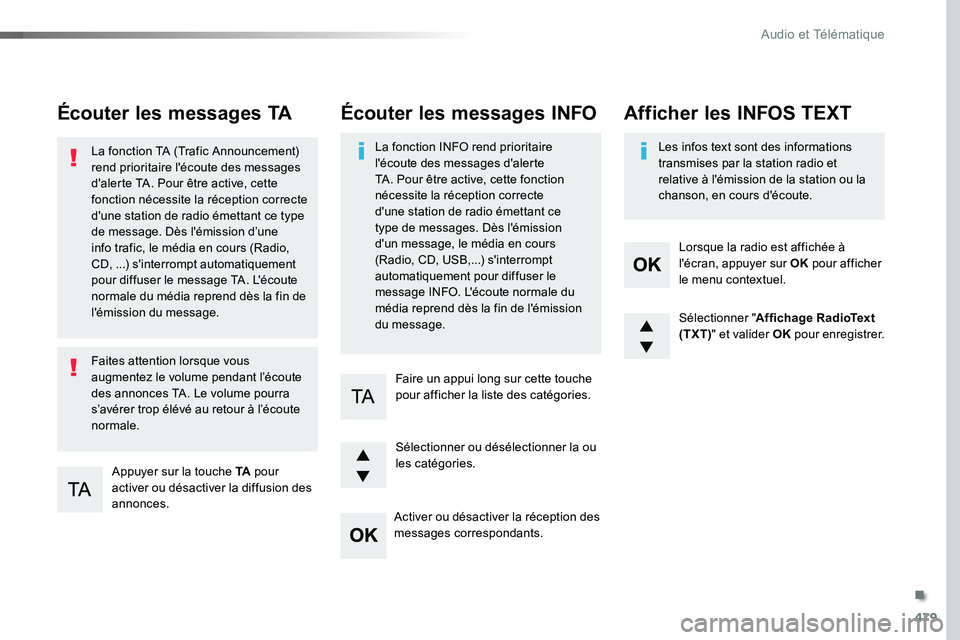 TOYOTA PROACE VERSO 2016  Manuel du propriétaire (in French) 479
Écouter les messages TA
Appuyer sur la touche TA pour activer ou désactiver la diffusion des annonces.
La fonction TA (Trafic Announcement) rend prioritaire l'écoute des messages d'aler