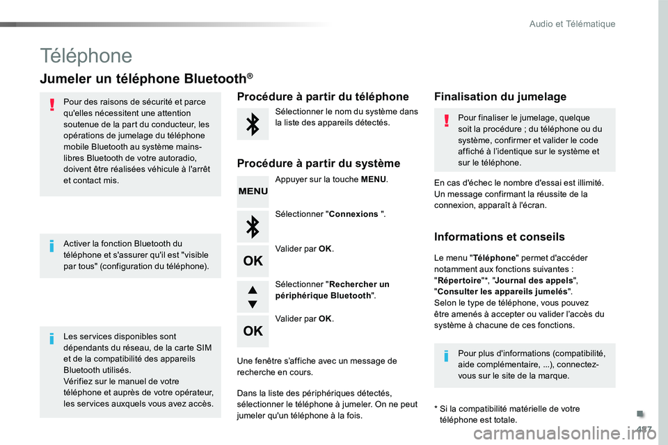 TOYOTA PROACE VERSO 2016  Manuel du propriétaire (in French) 487
Téléphone
Jumeler un téléphone Bluetooth®
Pour des raisons de sécurité et parce qu'elles nécessitent une attention soutenue de la part du conducteur, les opérations de jumelage du té