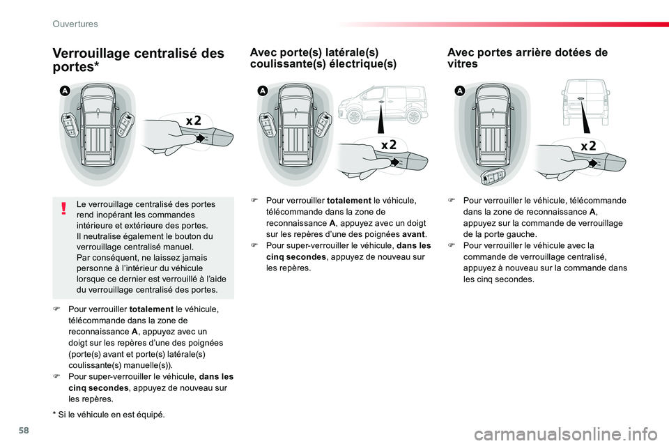 TOYOTA PROACE VERSO 2016 Manuel du propriétaire (in French) 58
Verrouillage centralisé des
portes*
Le verrouillage centralisé des portes rend inopérant les commandes intérieure et extérieure des portes.Il neutralise également le bouton du verrouillage c TOYOTA PROACE VERSO 2016 Manuel du propriétaire (in French) 58
Verrouillage centralisé des
portes*
Le verrouillage centralisé des portes rend inopérant les commandes intérieure et extérieure des portes.Il neutralise également le bouton du verrouillage c