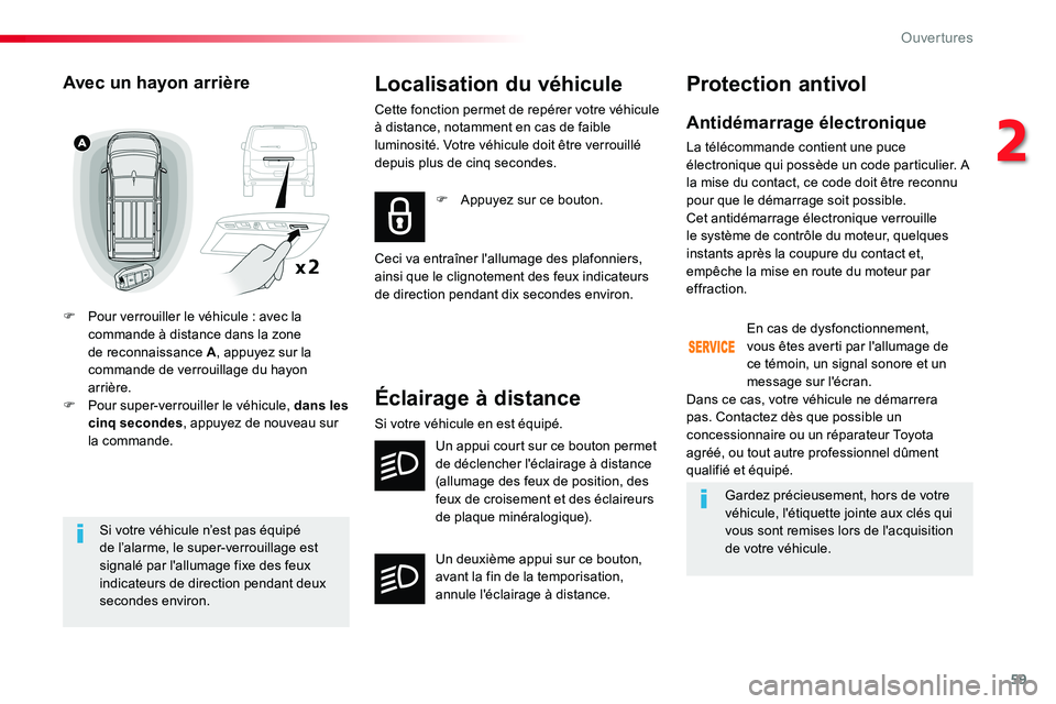 TOYOTA PROACE VERSO 2016 Manuel du propriétaire (in French) 59
Si votre véhicule n’est pas équipé de l’alarme, le super-verrouillage est signalé par l'allumage fixe des feux indicateurs de direction pendant deux
secondes environ.
Avec un hayon arr TOYOTA PROACE VERSO 2016 Manuel du propriétaire (in French) 59
Si votre véhicule n’est pas équipé de l’alarme, le super-verrouillage est signalé par l'allumage fixe des feux indicateurs de direction pendant deux
secondes environ.
Avec un hayon arr