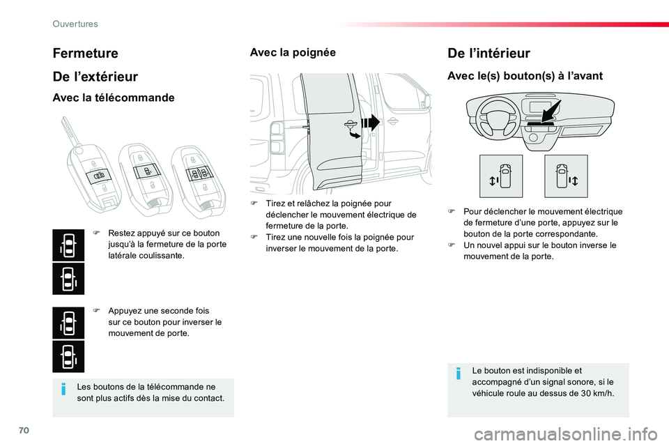 TOYOTA PROACE VERSO 2016  Manuel du propriétaire (in French) 70
Les boutons de la télécommande ne sont plus actifs dès la mise du contact.
Fermeture
De l’extérieur
F Pour déclencher le mouvement électrique de fermeture d’une porte, appuyez sur le bout