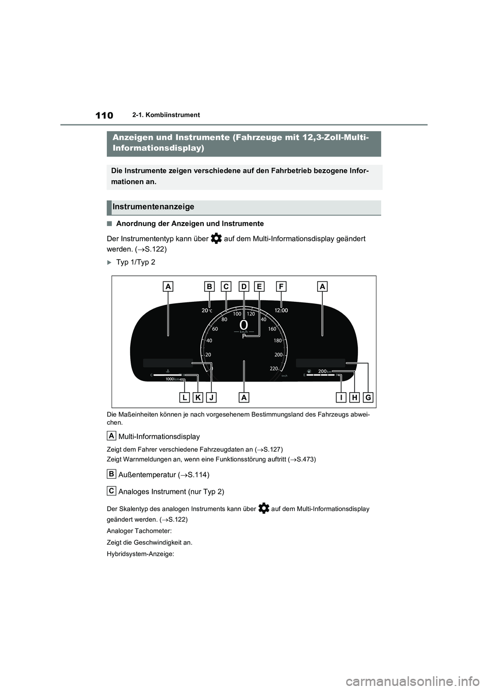 TOYOTA RAV4 2023 Betriebsanleitungen (in German) 1102-1. Kombiinstrument
■Anordnung der Anzeigen und Instrumente
Der Instrumententyp kann über auf dem Multi-Informationsdisplay geändert
werden. (S.122)
Typ 1/Typ 2
Die Maßeinheiten kön TOYOTA RAV4 2023 Betriebsanleitungen (in German) 1102-1. Kombiinstrument
■Anordnung der Anzeigen und Instrumente
Der Instrumententyp kann über auf dem Multi-Informationsdisplay geändert
werden. (S.122)
Typ 1/Typ 2
Die Maßeinheiten kön