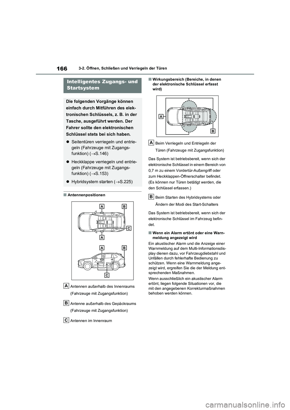 TOYOTA RAV4 2023 Betriebsanleitungen (in German) 1663-2. Öffnen, Schließen und Verriegeln der Türen
■Antennenpositionen
Antennen außerhalb des Innenraums
(Fahrzeuge mit Zugangsfunktion)
Antenne außerhalb des Gepäckraums
(Fahrzeuge mit TOYOTA RAV4 2023 Betriebsanleitungen (in German) 1663-2. Öffnen, Schließen und Verriegeln der Türen
■Antennenpositionen
Antennen außerhalb des Innenraums
(Fahrzeuge mit Zugangsfunktion)
Antenne außerhalb des Gepäckraums
(Fahrzeuge mit
