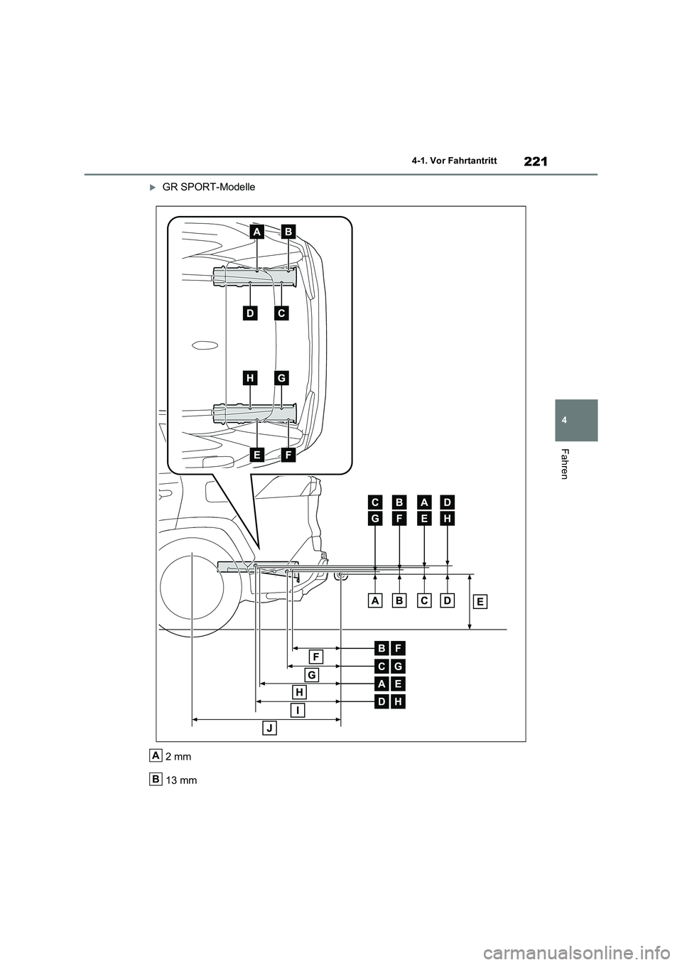 TOYOTA RAV4 2023 Betriebsanleitungen (in German) 221
4 4-1. Vor Fahrtantritt
Fahren
GR SPORT-Modelle
2mm
13 mm
A
B TOYOTA RAV4 2023 Betriebsanleitungen (in German) 221
4 4-1. Vor Fahrtantritt
Fahren
GR SPORT-Modelle
2mm
13 mm
A
B