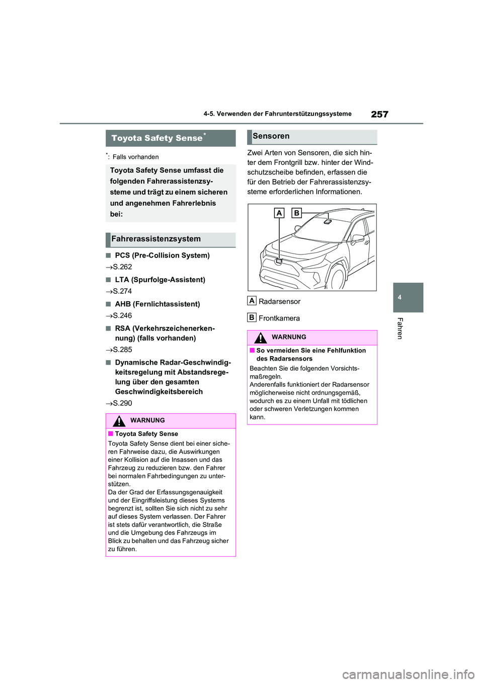 TOYOTA RAV4 2023 Betriebsanleitungen (in German) 257
4
4-5. Verwenden der Fahrunterstützungssysteme
Fahren
4-5.Verwenden de r Fahrunterstü tzu ngss ysteme
*: Falls vorhanden
■PCS (Pre-Collision System)
S.262
■LTA (Spurfolge-Assistent) TOYOTA RAV4 2023 Betriebsanleitungen (in German) 257
4
4-5. Verwenden der Fahrunterstützungssysteme
Fahren
4-5.Verwenden de r Fahrunterstü tzu ngss ysteme
*: Falls vorhanden
■PCS (Pre-Collision System)
S.262
■LTA (Spurfolge-Assistent)