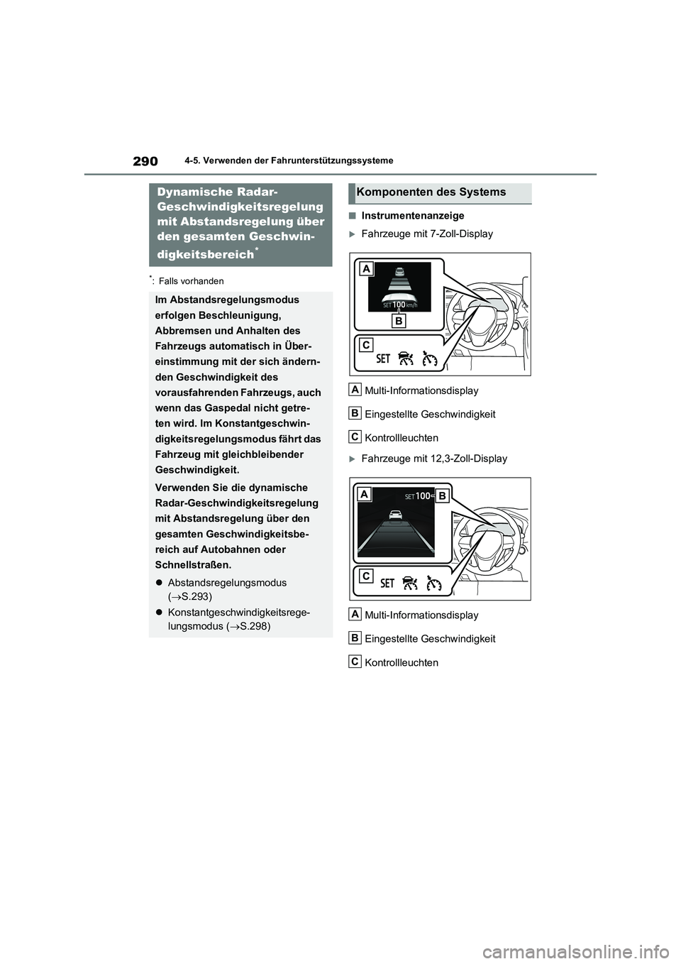 TOYOTA RAV4 2023  Betriebsanleitungen (in German) 2904-5. Verwenden der Fahrunterstützungssysteme
*: Falls vorhanden
■Instrumentenanzeige
Fahrzeuge mit 7-Zoll-Display
Multi-Informationsdisplay
Eingestellte Geschwindigkeit
Kontrollleuchten
Fa