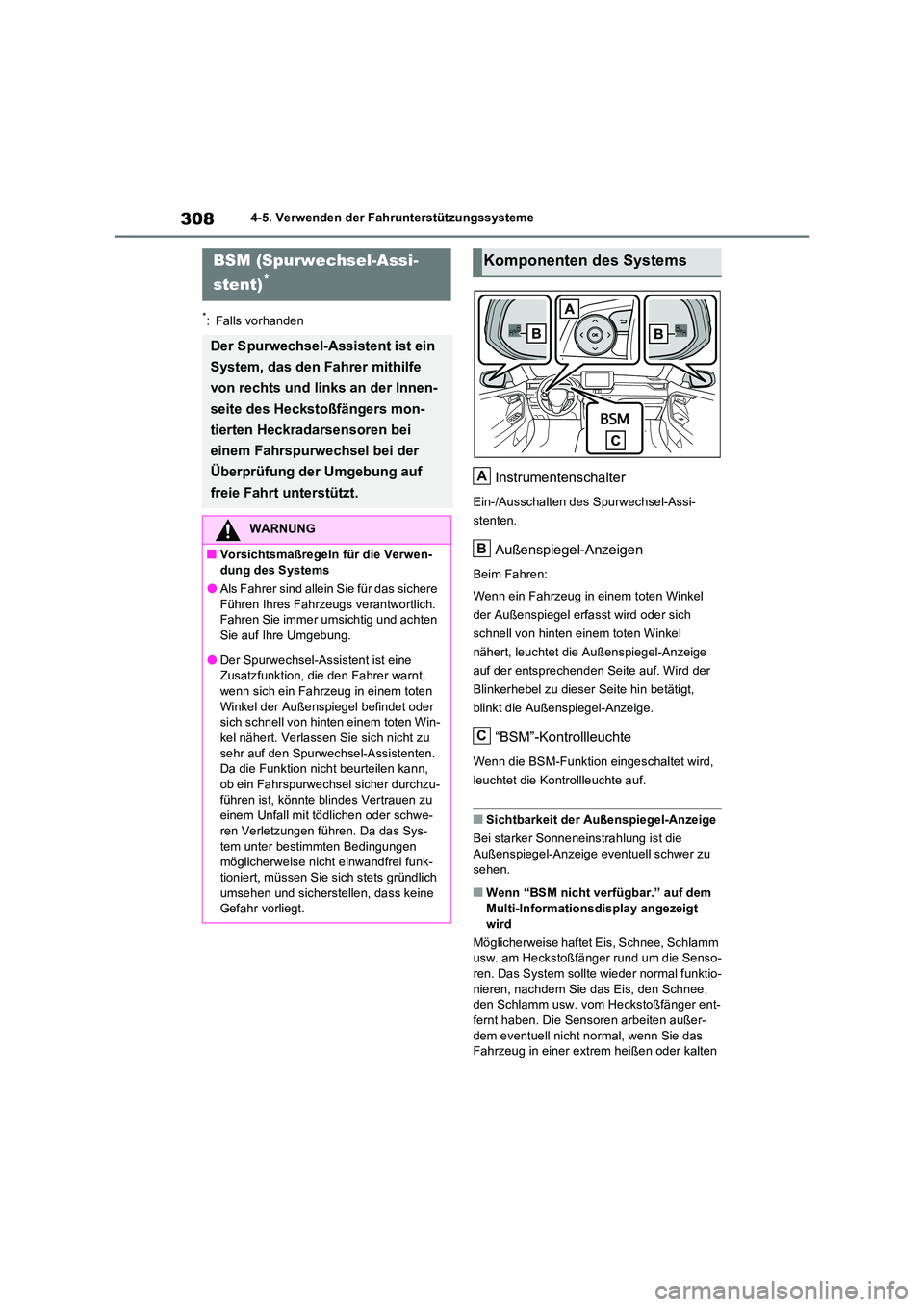 TOYOTA RAV4 2023  Betriebsanleitungen (in German) 3084-5. Verwenden der Fahrunterstützungssysteme
*: Falls vorhanden
Instrumentenschalter
Ein-/Ausschalten des Spurwechsel-Assi- 
stenten.
Außenspiegel-Anzeigen
Beim Fahren: 
Wenn ein Fahrzeug in eine