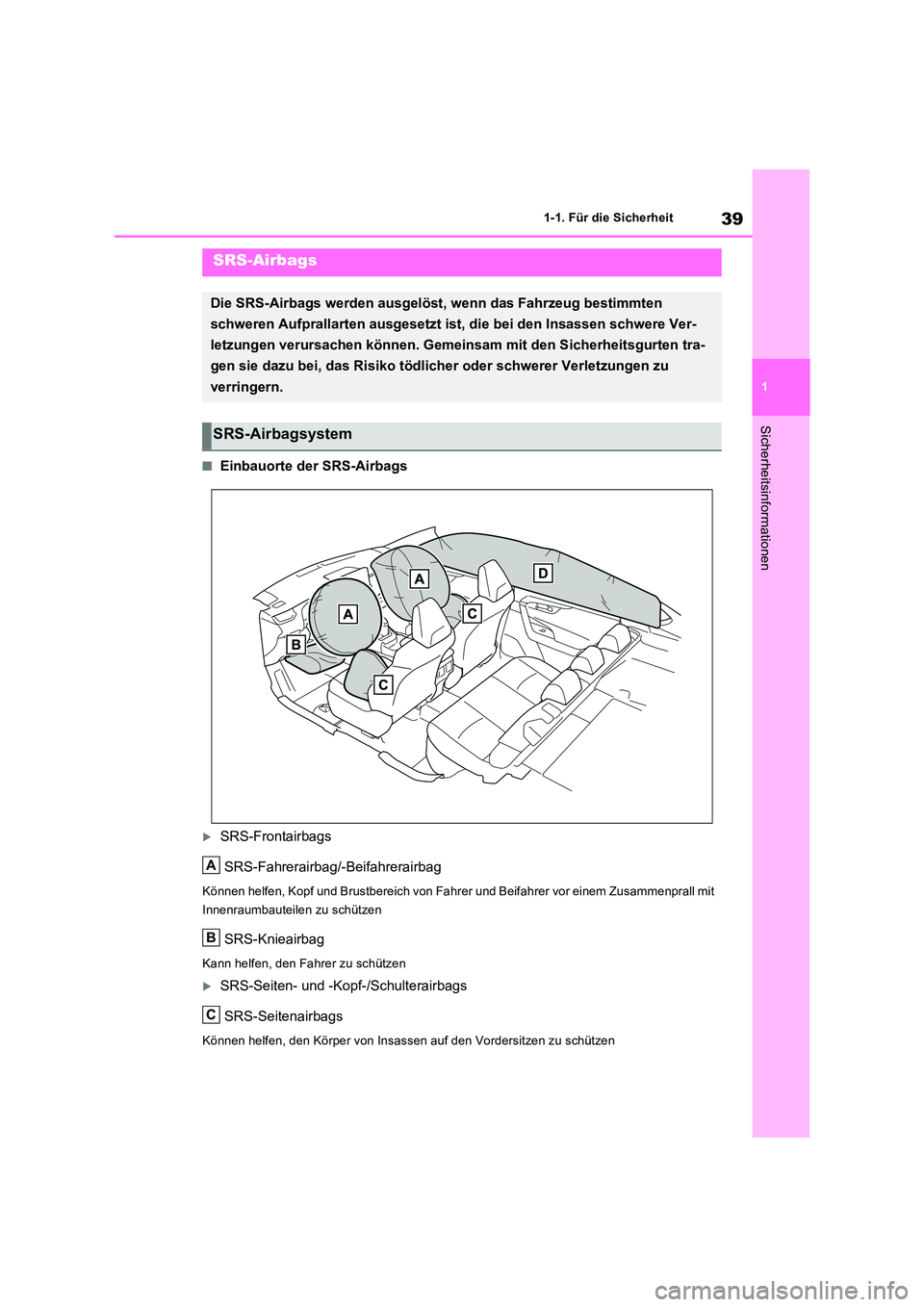 TOYOTA RAV4 2023 Betriebsanleitungen (in German) 39
1
1-1. Für die Sicherheit
Sicherheitsinformationen
■Einbauorte der SRS-Airbags
SRS-Frontairbags
SRS-Fahrerairbag/-Beifahrerairbag
Können helfen, Kopf und Brustbereich von Fahr er und Beifa TOYOTA RAV4 2023 Betriebsanleitungen (in German) 39
1
1-1. Für die Sicherheit
Sicherheitsinformationen
■Einbauorte der SRS-Airbags
SRS-Frontairbags
SRS-Fahrerairbag/-Beifahrerairbag
Können helfen, Kopf und Brustbereich von Fahr er und Beifa
