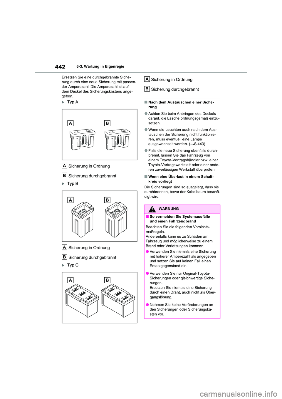 TOYOTA RAV4 2023 Betriebsanleitungen (in German) 4426-3. Wartung in Eigenregie
Ersetzen Sie eine durchgebrannte Siche- rung durch eine neue Sicherung mit passen-der Amperezahl. Die Amperezahl ist auf
dem Deckel des Sicherungskastens ange- geben.
TOYOTA RAV4 2023 Betriebsanleitungen (in German) 4426-3. Wartung in Eigenregie
Ersetzen Sie eine durchgebrannte Siche- rung durch eine neue Sicherung mit passen-der Amperezahl. Die Amperezahl ist auf
dem Deckel des Sicherungskastens ange- geben.