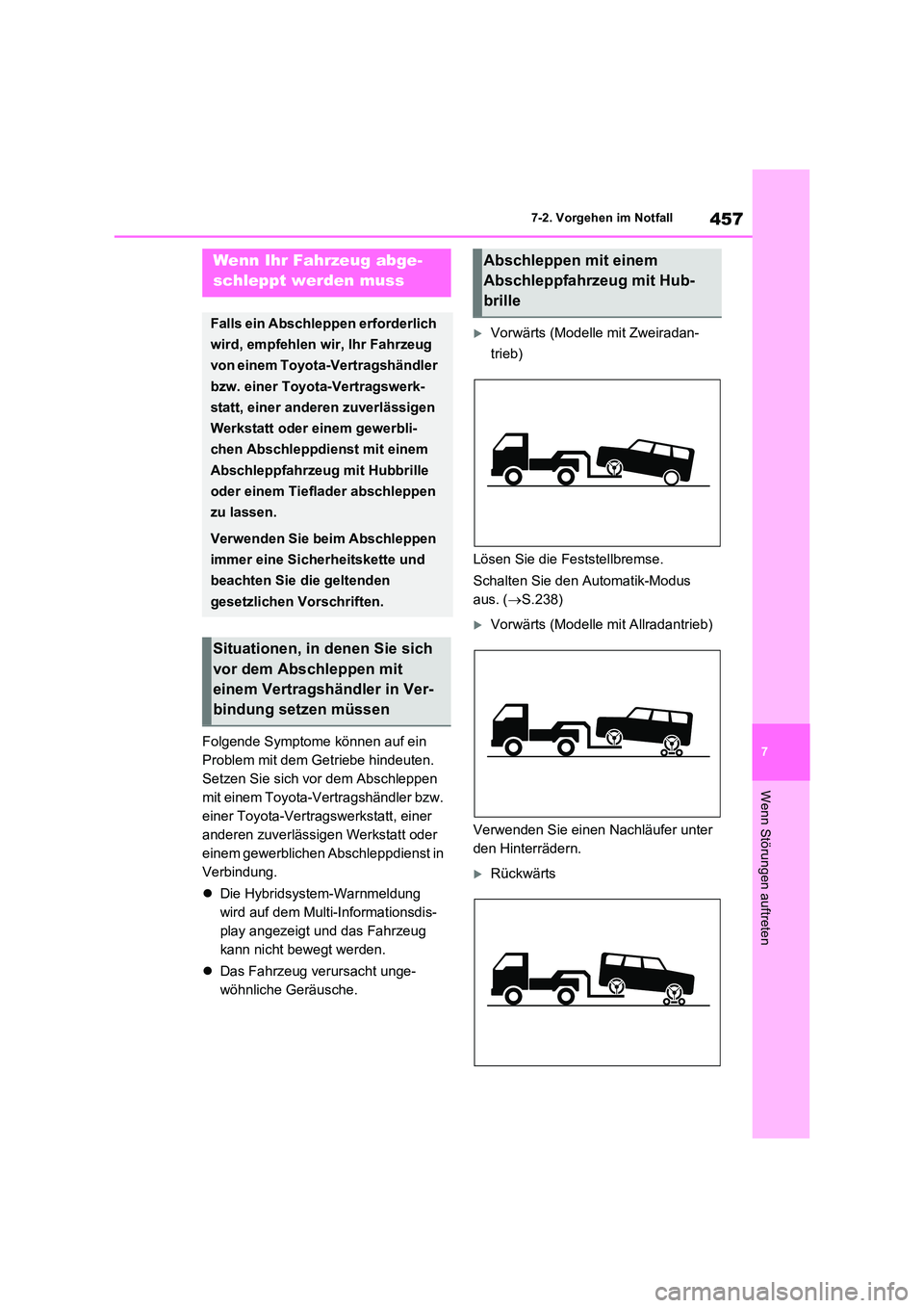 TOYOTA RAV4 2023 Betriebsanleitungen (in German) 457
7
7-2. Vorgehen im Notfall
Wenn Störungen auftreten
7-2.Vorgehen im No tfall
Folgende Symptome können auf ein
Problem mit dem Getriebe hindeuten.
Setzen Sie sich vor dem Abschleppen
mit ei TOYOTA RAV4 2023 Betriebsanleitungen (in German) 457
7
7-2. Vorgehen im Notfall
Wenn Störungen auftreten
7-2.Vorgehen im No tfall
Folgende Symptome können auf ein
Problem mit dem Getriebe hindeuten.
Setzen Sie sich vor dem Abschleppen
mit ei
