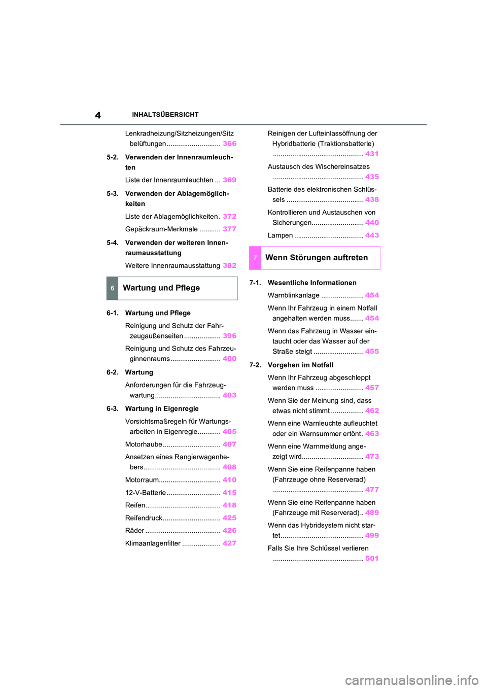 TOYOTA RAV4 2023 Betriebsanleitungen (in German) 4INHALTSÜBERSICHT
Lenkradheizung/Sitzheizungen/Sitz
belüftungen ............................ 366
5-2. Verwenden der Innenraumleuch-
ten
Liste der Innenraumleuchten ... 369
5-3. Verwenden der Ab TOYOTA RAV4 2023 Betriebsanleitungen (in German) 4INHALTSÜBERSICHT
Lenkradheizung/Sitzheizungen/Sitz
belüftungen ............................ 366
5-2. Verwenden der Innenraumleuch-
ten
Liste der Innenraumleuchten ... 369
5-3. Verwenden der Ab