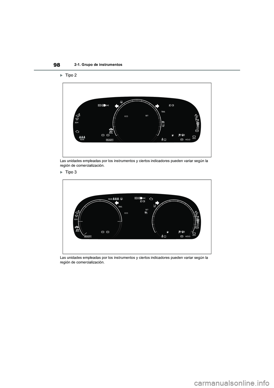 TOYOTA RAV4 2023  Manual del propietario (in Spanish) 982-1. Grupo de instrumentos
Tipo 2
Las unidades empleadas por los instrumentos y ciertos indicadores pueden variar según la 
región de comercialización.
Tipo 3
Las unidades empleadas por los