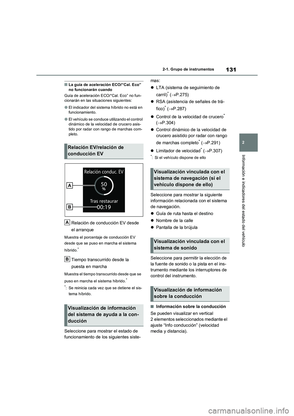 TOYOTA RAV4 2023 Manual del propietario (in Spanish) 131
2
2-1. Grupo de instrumentos
Información e indicadores del estado del vehículo
■La guía de aceleración ECO/“Cal. Eco” no funcionarán cuando
Guía de aceleración ECO/“Cal. Eco” n TOYOTA RAV4 2023 Manual del propietario (in Spanish) 131
2
2-1. Grupo de instrumentos
Información e indicadores del estado del vehículo
■La guía de aceleración ECO/“Cal. Eco” no funcionarán cuando
Guía de aceleración ECO/“Cal. Eco” n