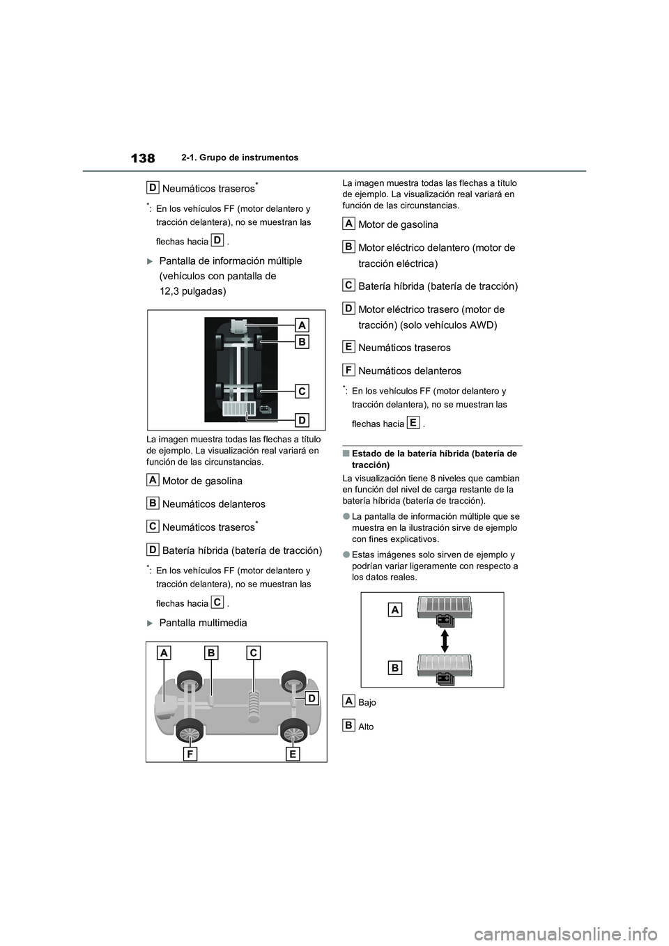 TOYOTA RAV4 2023 Manual del propietario (in Spanish) 1382-1. Grupo de instrumentos
Neumáticos traseros*
*: En los vehículos FF (motor delantero y
tracción delantera), no se muestran las
flechas hacia .
Pantalla de información múltiple
(vehí TOYOTA RAV4 2023 Manual del propietario (in Spanish) 1382-1. Grupo de instrumentos
Neumáticos traseros*
*: En los vehículos FF (motor delantero y
tracción delantera), no se muestran las
flechas hacia .
Pantalla de información múltiple
(vehí