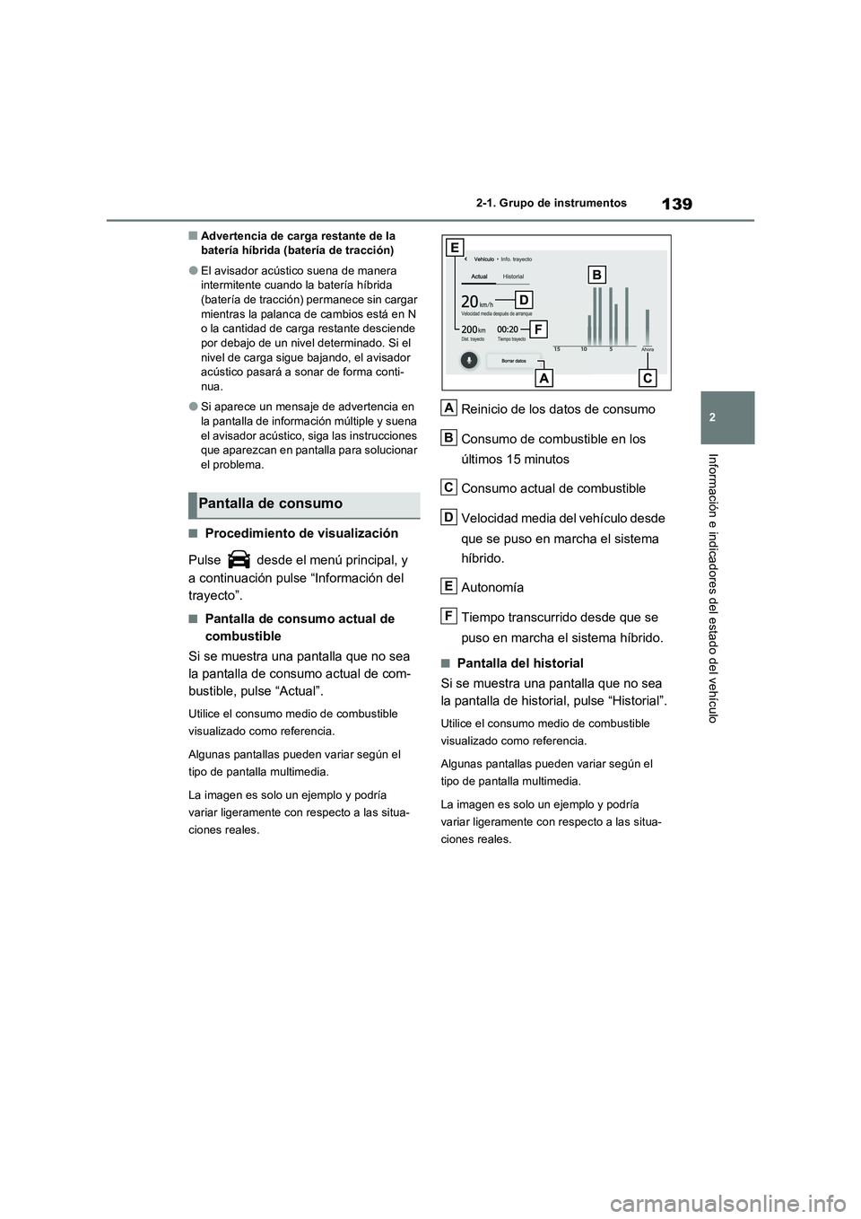 TOYOTA RAV4 2023 Manual del propietario (in Spanish) 139
2 2-1. Grupo de instrumentos
Información e indicadores del estado del vehículo
■Advertencia de carga restante de la
batería híbrida (batería de tracción)
●El avisador acústico suena de TOYOTA RAV4 2023 Manual del propietario (in Spanish) 139
2 2-1. Grupo de instrumentos
Información e indicadores del estado del vehículo
■Advertencia de carga restante de la
batería híbrida (batería de tracción)
●El avisador acústico suena de