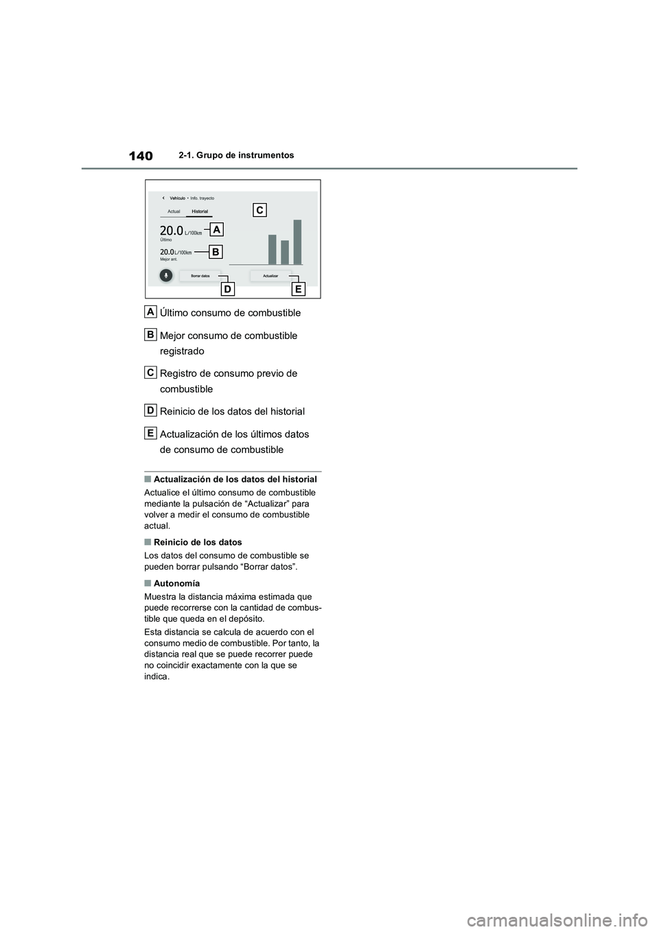 TOYOTA RAV4 2023 Manual del propietario (in Spanish) 1402-1. Grupo de instrumentos
Último consumo de combustible
Mejor consumo de combustible
registrado
Registro de consumo previo de
combustible
Reinicio de los datos del historial
Actualización de l TOYOTA RAV4 2023 Manual del propietario (in Spanish) 1402-1. Grupo de instrumentos
Último consumo de combustible
Mejor consumo de combustible
registrado
Registro de consumo previo de
combustible
Reinicio de los datos del historial
Actualización de l