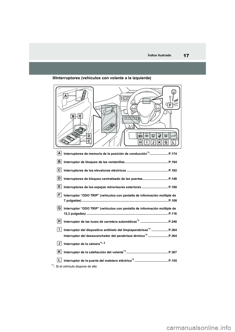 TOYOTA RAV4 2023 Manual del propietario (in Spanish) 17Índice ilustrado
■Interruptores (vehículos con volante a la izquierda)
Interruptores de memoria de la posición de conducción*1..................... P.174
Interruptor de bloqueo de las ventani TOYOTA RAV4 2023 Manual del propietario (in Spanish) 17Índice ilustrado
■Interruptores (vehículos con volante a la izquierda)
Interruptores de memoria de la posición de conducción*1..................... P.174
Interruptor de bloqueo de las ventani