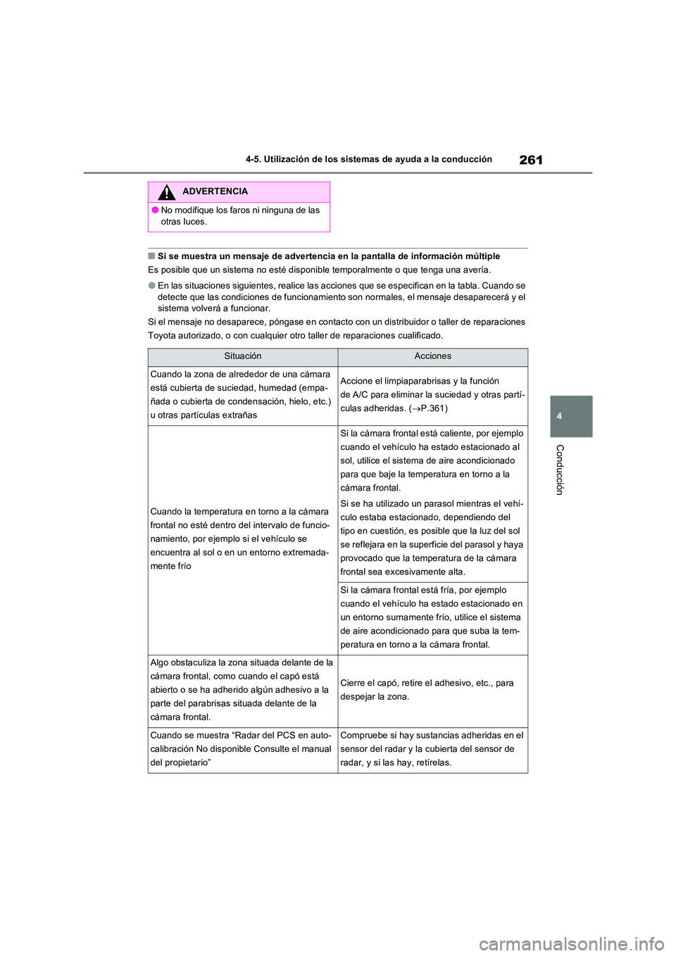 TOYOTA RAV4 2023 Manual del propietario (in Spanish) 261
4
4-5. Utilización de los sistemas de ayuda a la conducción
Conducción
■Si se muestra un mensaje de advertencia en la pantalla de información múltiple
Es posible que un sistema no esté d TOYOTA RAV4 2023 Manual del propietario (in Spanish) 261
4
4-5. Utilización de los sistemas de ayuda a la conducción
Conducción
■Si se muestra un mensaje de advertencia en la pantalla de información múltiple
Es posible que un sistema no esté d