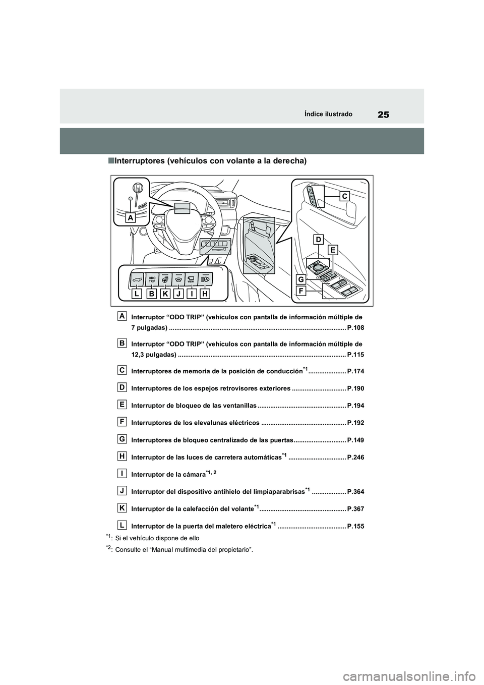 TOYOTA RAV4 2023 Manual del propietario (in Spanish) 25Índice ilustrado
■Interruptores (vehículos con volante a la derecha)
Interruptor “ODO TRIP” (vehículos con pantalla de información múltiple de
7 pulgadas) .............................. TOYOTA RAV4 2023 Manual del propietario (in Spanish) 25Índice ilustrado
■Interruptores (vehículos con volante a la derecha)
Interruptor “ODO TRIP” (vehículos con pantalla de información múltiple de
7 pulgadas) ..............................