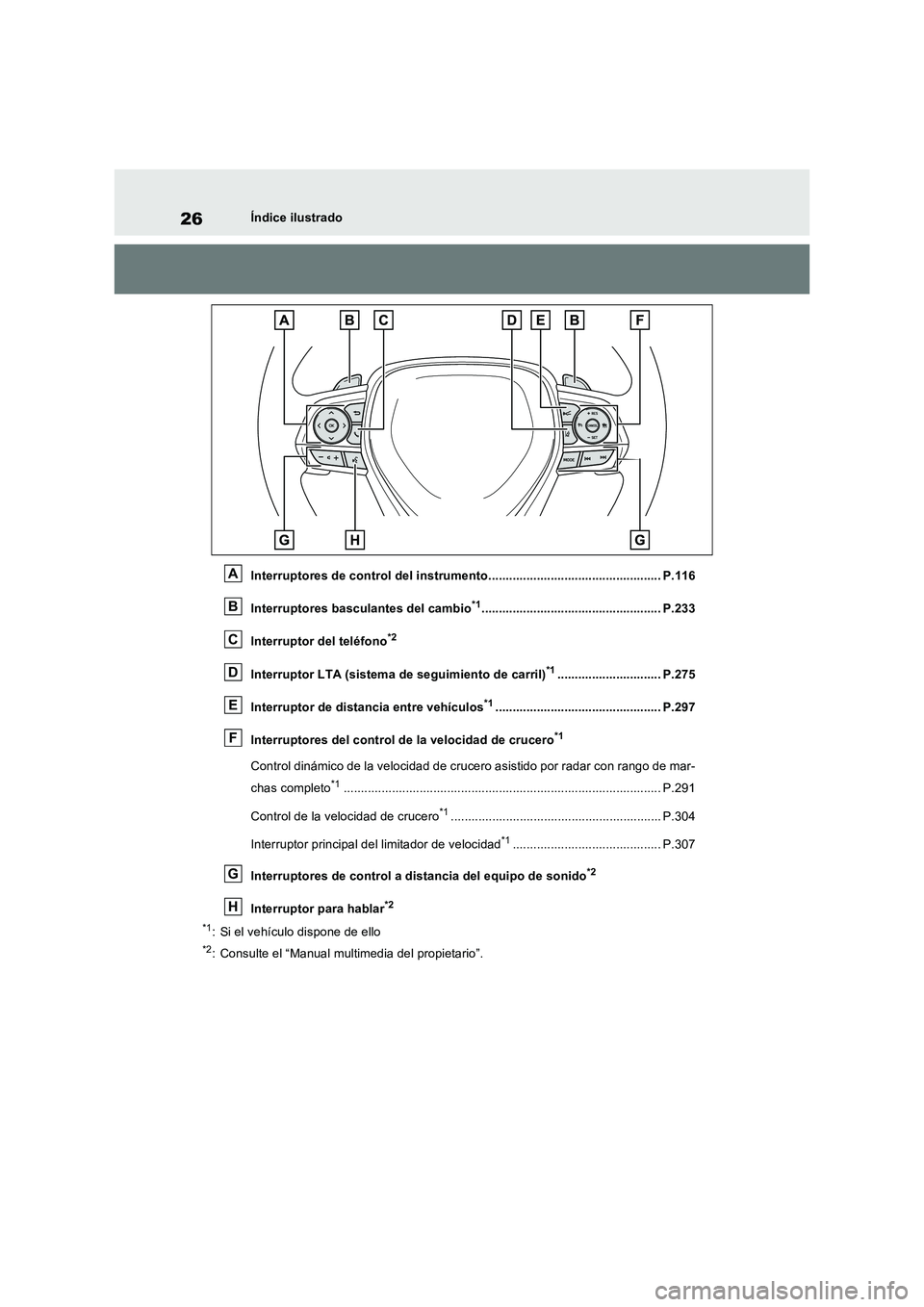 TOYOTA RAV4 2023 Manual del propietario (in Spanish) 26Índice ilustrado
Interruptores de control del instrumento.................................................. P.116
Interruptores basculantes del cambio
*1............................................ TOYOTA RAV4 2023 Manual del propietario (in Spanish) 26Índice ilustrado
Interruptores de control del instrumento.................................................. P.116
Interruptores basculantes del cambio
*1............................................