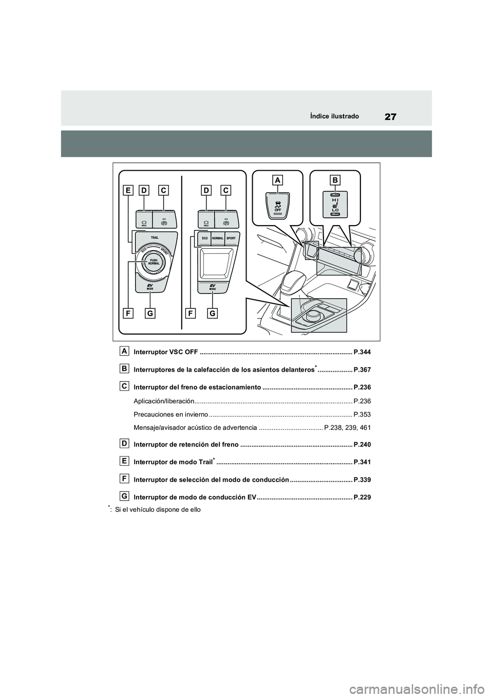 TOYOTA RAV4 2023 Manual del propietario (in Spanish) 27Índice ilustrado
Interruptor VSC OFF ................................................................................... P.344
Interruptores de la calefacción de los asientos delanteros
*......... TOYOTA RAV4 2023 Manual del propietario (in Spanish) 27Índice ilustrado
Interruptor VSC OFF ................................................................................... P.344
Interruptores de la calefacción de los asientos delanteros
*.........