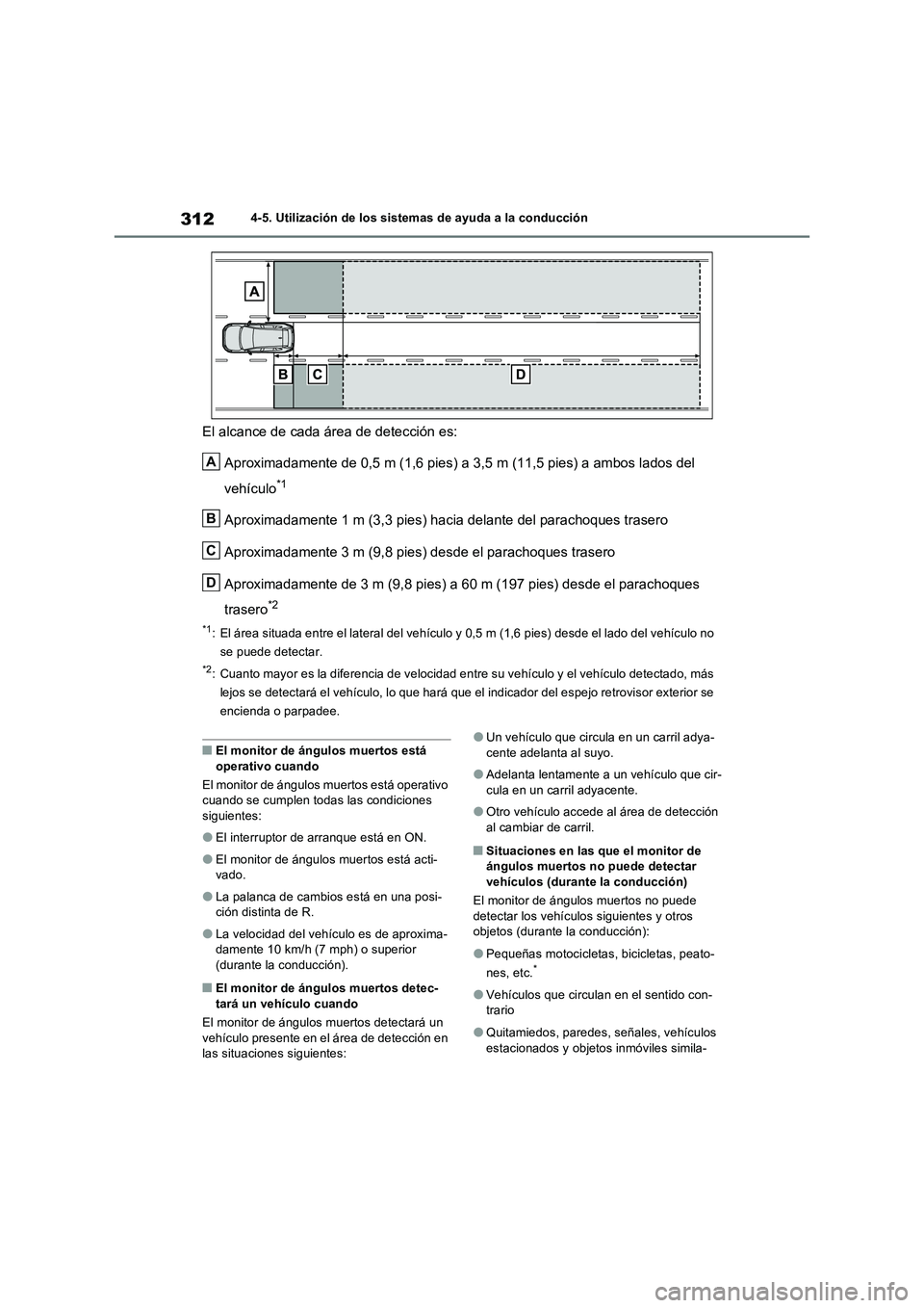 TOYOTA RAV4 2023 Manual del propietario (in Spanish) 3124-5. Utilización de los sistemas de ayuda a la conducción
El alcance de cada área de detección es:
Aproximadamente de 0,5 m (1,6 pies) a 3,5 m (11,5 pies) a ambos lados del
vehículo
*1
Aproxi TOYOTA RAV4 2023 Manual del propietario (in Spanish) 3124-5. Utilización de los sistemas de ayuda a la conducción
El alcance de cada área de detección es:
Aproximadamente de 0,5 m (1,6 pies) a 3,5 m (11,5 pies) a ambos lados del
vehículo
*1
Aproxi