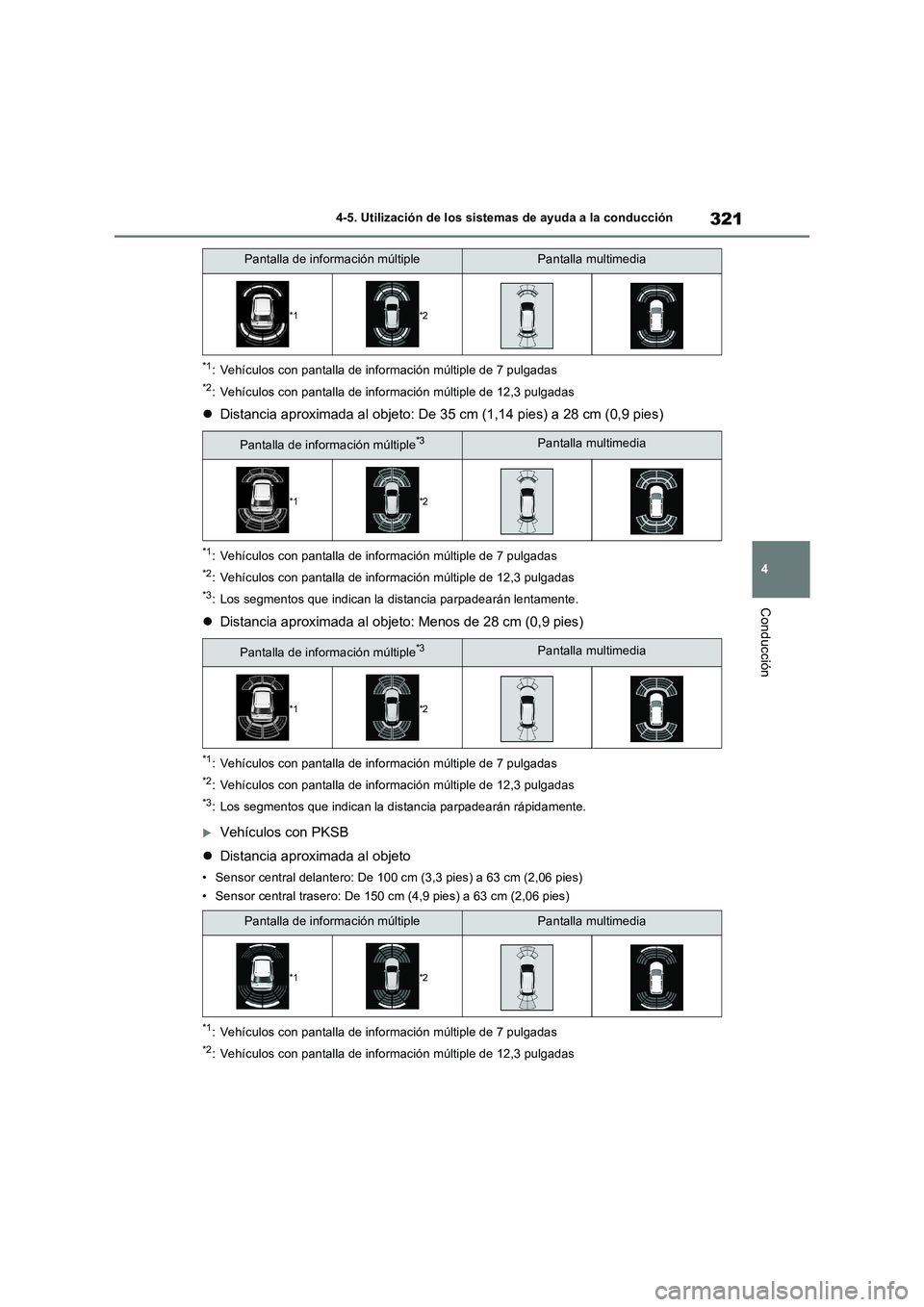 TOYOTA RAV4 2023 Manual del propietario (in Spanish) 321
4 4-5. Utilización de los sistemas de ayuda a la conducción
Conducción
*1: Vehículos con pantalla de información múltiple de 7 pulgadas
*2: Vehículos con pantalla de información múltiple TOYOTA RAV4 2023 Manual del propietario (in Spanish) 321
4 4-5. Utilización de los sistemas de ayuda a la conducción
Conducción
*1: Vehículos con pantalla de información múltiple de 7 pulgadas
*2: Vehículos con pantalla de información múltiple