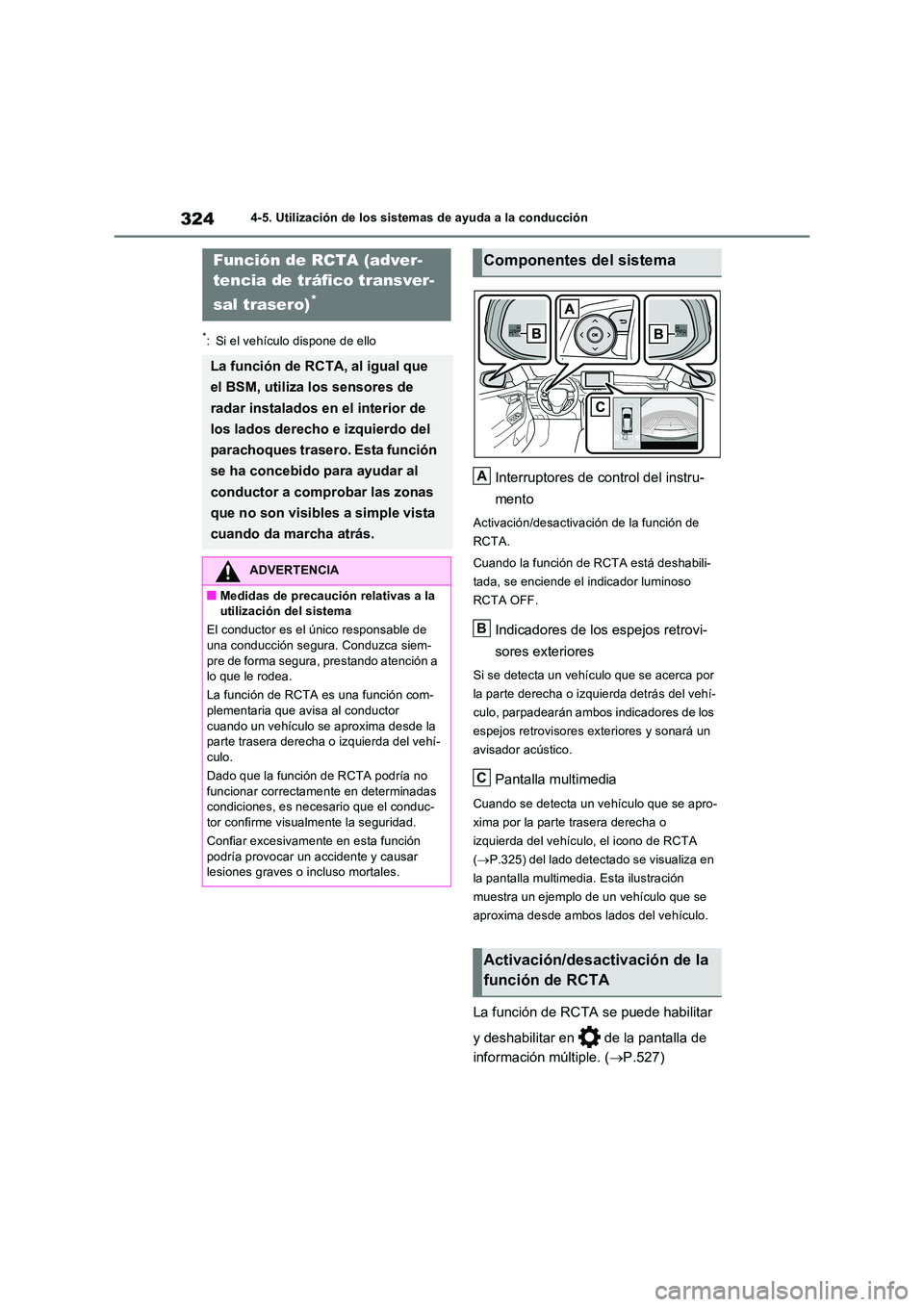 TOYOTA RAV4 2023 Manual del propietario (in Spanish) 3244-5. Utilización de los sistemas de ayuda a la conducción
*: Si el vehículo dispone de ello
Interruptores de control del instru-
mento
Activación/desactivación de la función de
RCTA.
Cuan TOYOTA RAV4 2023 Manual del propietario (in Spanish) 3244-5. Utilización de los sistemas de ayuda a la conducción
*: Si el vehículo dispone de ello
Interruptores de control del instru-
mento
Activación/desactivación de la función de
RCTA.
Cuan
