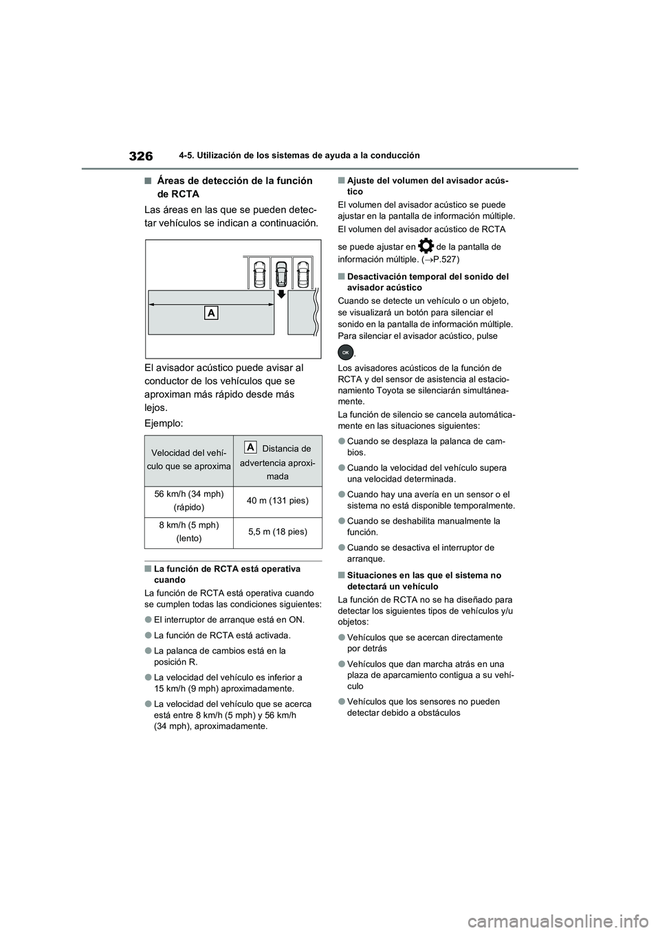 TOYOTA RAV4 2023 Manual del propietario (in Spanish) 3264-5. Utilización de los sistemas de ayuda a la conducción
■Áreas de detección de la función
de RCTA
Las áreas en las que se pueden detec-
tar vehículos se indican a continuación.
El avis TOYOTA RAV4 2023 Manual del propietario (in Spanish) 3264-5. Utilización de los sistemas de ayuda a la conducción
■Áreas de detección de la función
de RCTA
Las áreas en las que se pueden detec-
tar vehículos se indican a continuación.
El avis